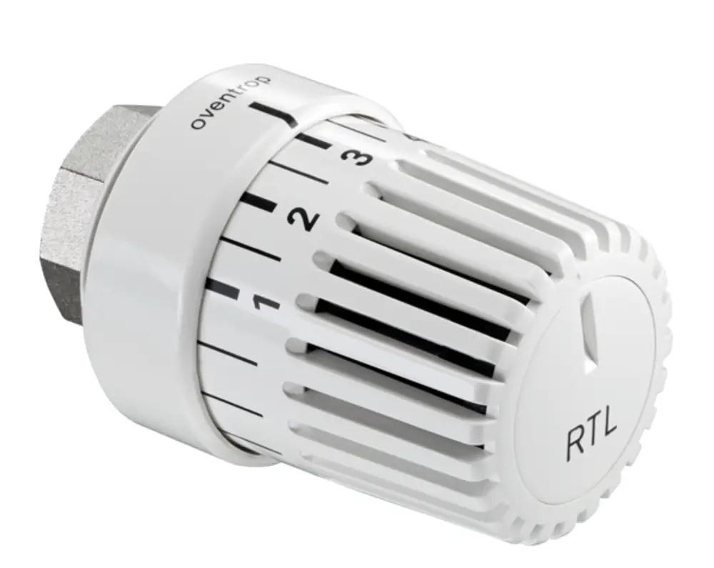 Thermostat von Oventrop mit drehbarem Regler, in Weiß, zur Temperaturregelung. Klar beschriftet mit Zahlen und der Kennzeichnung RTL.